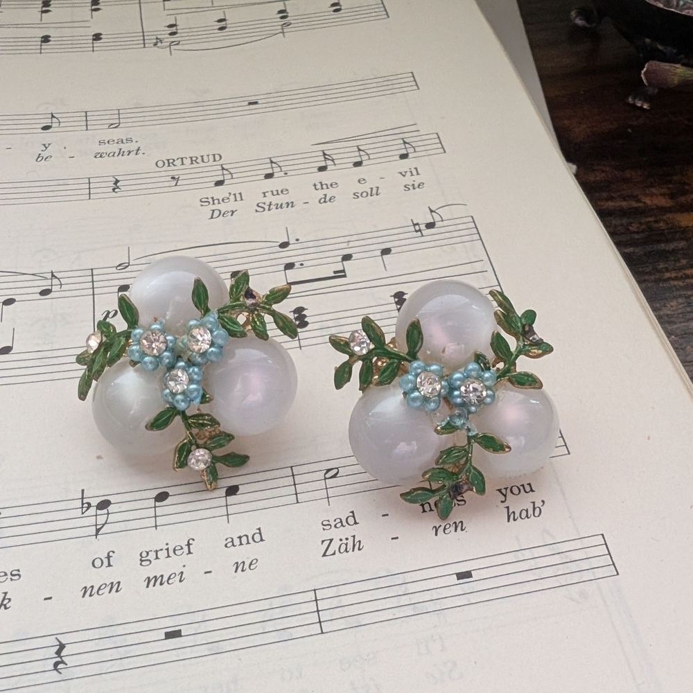 Floral White and Green Earrings
